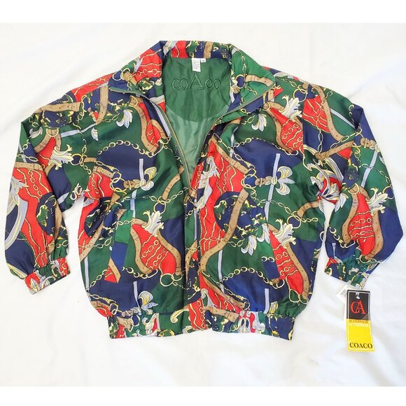 Coaco Womens Vintage New Old Stock Scarf Print Silk Bomber Jacket M/L NWT - Picture 9 of 15